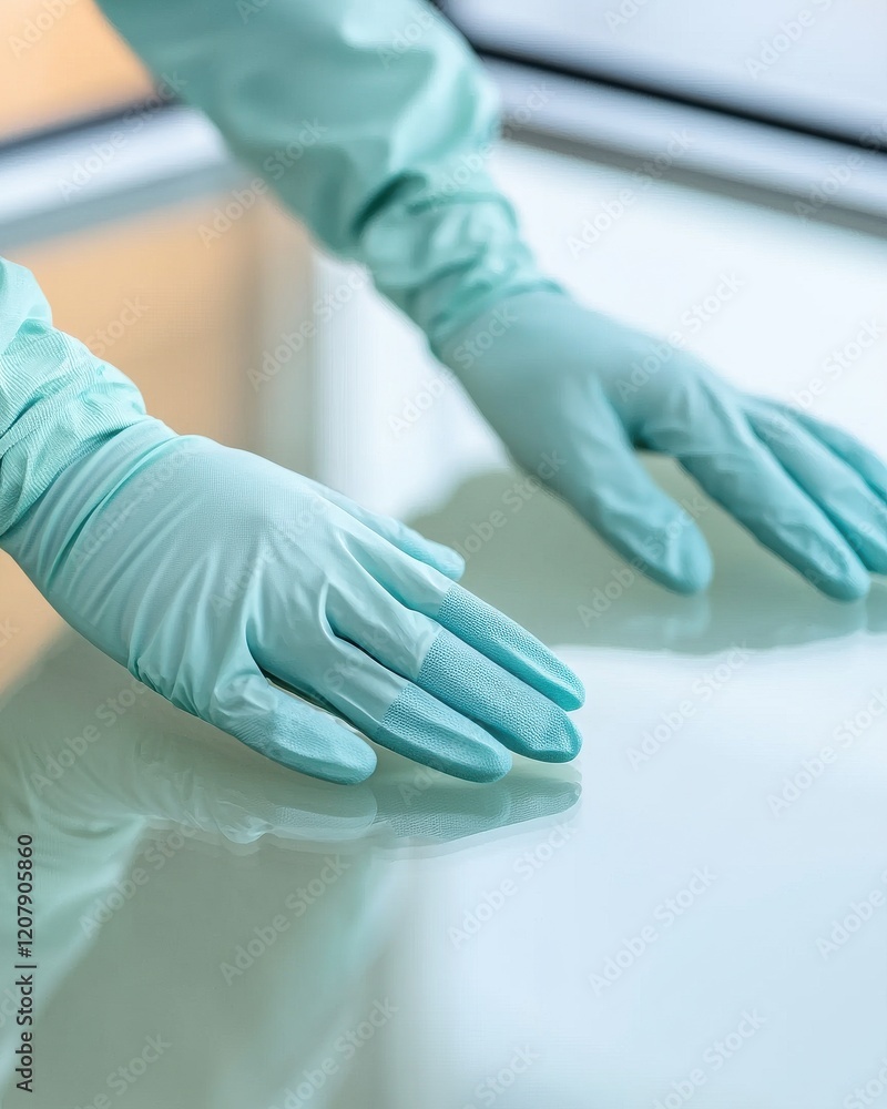 A pair of hands wearing light blue gloves are gently placed on a reflective surface, suggesting cleanliness and care in handling. A pair of hands wearing light blue gloves are gently placed on a reflective surface, suggesting cleanliness and care in handling.