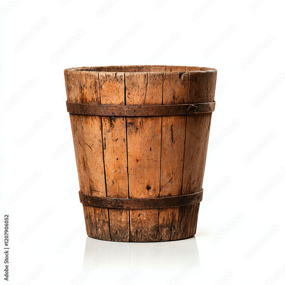 A rustic wooden bucket made of aged timber, featuring metal bands. Perfect for gardening, storage, or as a decorative element in interior design. A rustic wooden bucket made of aged timber, featuring metal bands. Perfect for gardening, storage, or as a decorative element in interior design.
