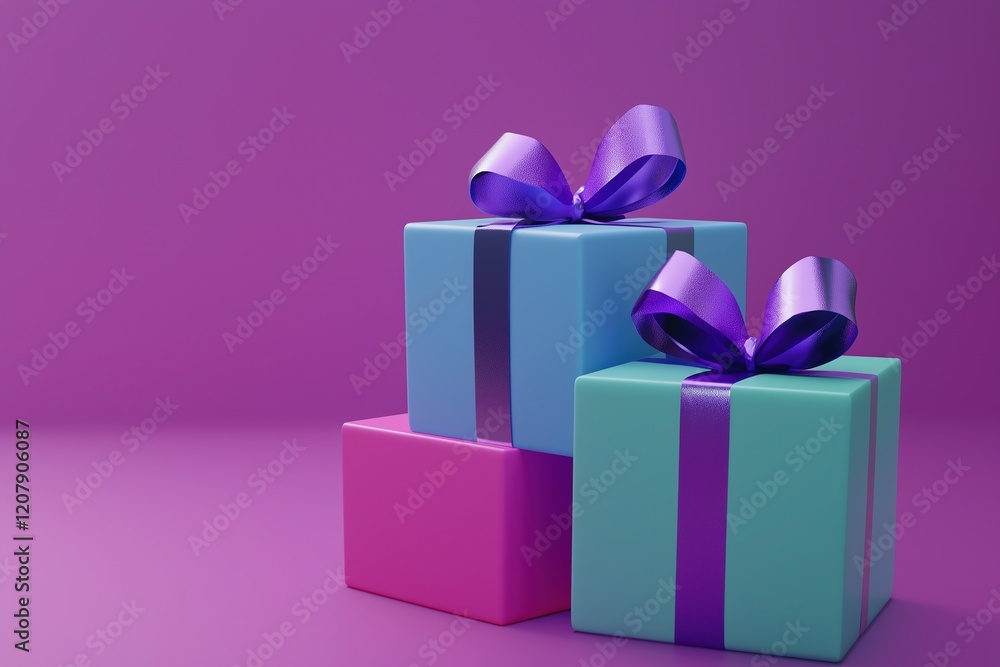 3D Rendering of Gift Boxes with Purple Ribbon on Top, Isolated Against Solid Background, Conveying Celebration and Special Day Atmosphere for Christmas, Birthday Parties, and Festive Events 3D Rendering of Gift Boxes with Purple Ribbon on Top, Isolated Against Solid Background, Conveying Celebration and Special Day Atmosphere for Christmas, Birthday Parties, and Festive Events