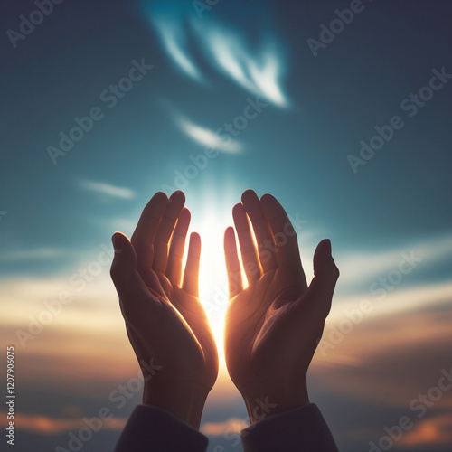 hands raised in prayer towards the sky