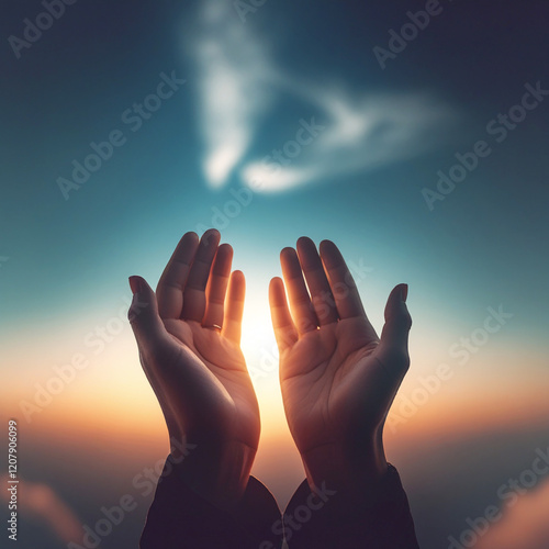 hands raised in prayer towards the sky