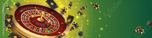 Banner with Golden casino roulette, wheel with flying black poker chips, tokens, playing cards, dices, around on green background with lights, bokeh. Vector illustration for design, advertising