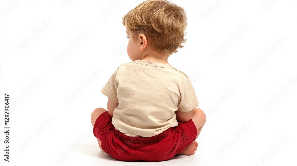 Cute Toddler Sitting with Back to Camera on White Background Cute Toddler Sitting with Back to Camera on White Background