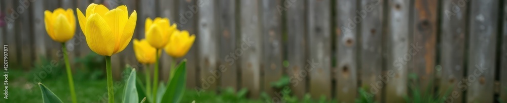 Single yellow tulip stem against a wooden fence, nature, foliage Single yellow tulip stem against a wooden fence, nature, foliage