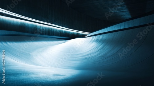 A cycling velodrome's steep banked track, indoor setting with dramatic lighting, Futuristic style photo