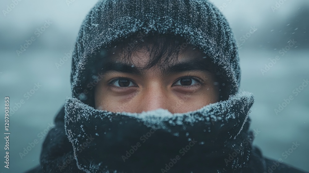 Young man with snow-covered scarf gazing intensely at the camera in a snowy landscape Young man with snow-covered scarf gazing intensely at the camera in a snowy landscape