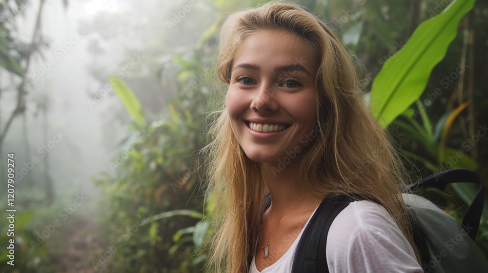 Young woman smiling while hiking alone in Amazon rainforest. Young woman smiling while hiking alone in Amazon rainforest.