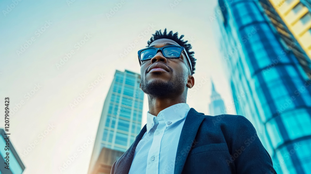 Fototapeta premium Man in Suit Looking Upward at Cityscape