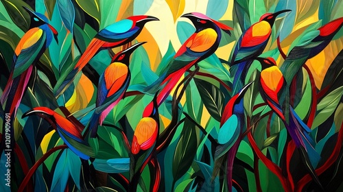 Vibrant Tropical Birds in Lush Foliage: A Colorful Masterpiece of Nature's Beauty