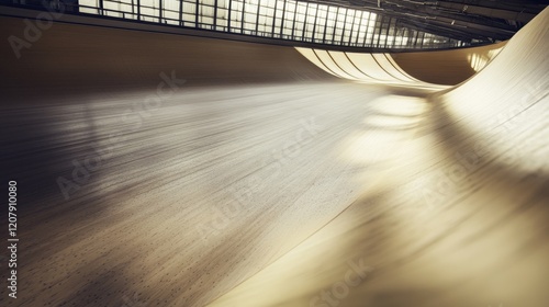 A cycling velodrome's steep banked track, indoor setting with dramatic lighting, Futuristic style photo