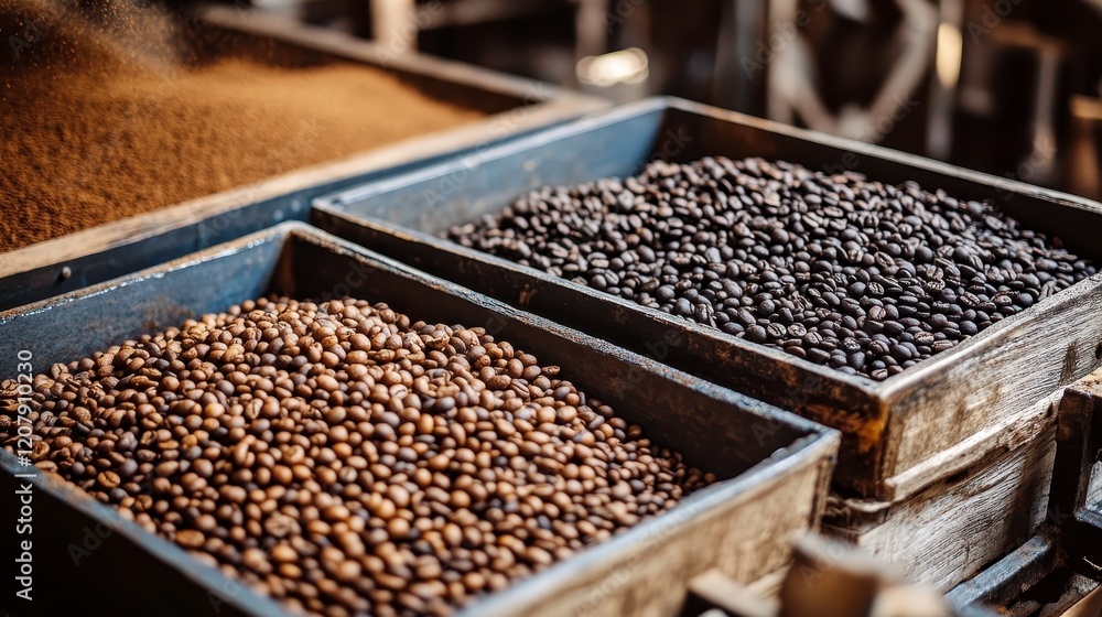Close-Up View of Coffee Beans in Wooden Containers, Showcasing Freshly Harvested Green, Roasted Brown, and Dark Black Coffee Bean Varieties in a Rustic Setting Close-Up View of Coffee Beans in Wooden Containers, Showcasing Freshly Harvested Green, Roasted Brown, and Dark Black Coffee Bean Varieties in a Rustic Setting