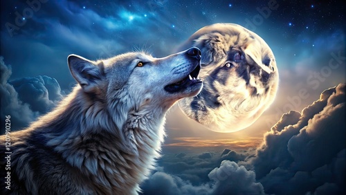 Majestic Wolf Howling at Moonlit Night - AI Portrait Photography