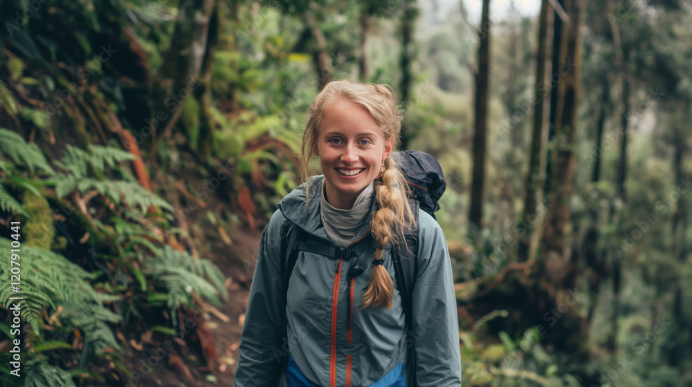 Young woman smiling while hiking alone in Amazon rainforest. Young woman smiling while hiking alone in Amazon rainforest.