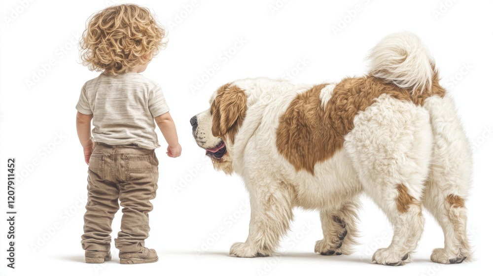 Obraz premium Child and Saint Bernard Dog Standing Together in Bright Space