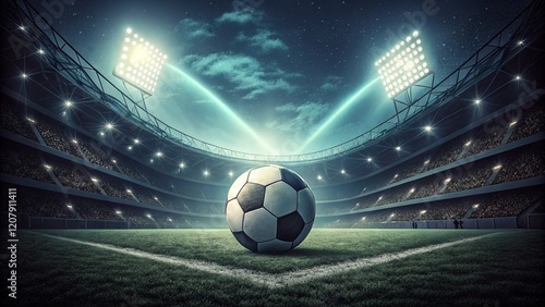 soccer ball center on stadium with night light soccer stadium background