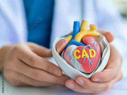 A medical professional holds a detailed model of the heart, highlighting coronary artery disease (CAD) with a focus on heart health and anatomy.