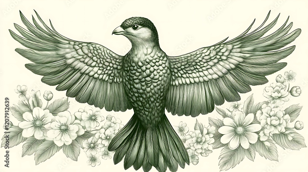 Fototapeta premium Elegant Bird Soaring Amidst Delicate Blossoms