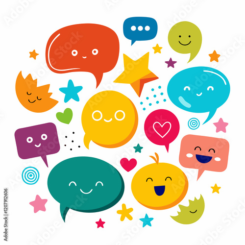A cheerful collection of colorful speech bubbles, stars, hearts, and cute faces with vibrant, playful designs.