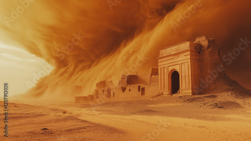 Fototapeta Naklejka Na Ścianę i Meble -  A towering, gothic-style fortress stands amidst an immense sandstorm in a vast desert landscape, creating a dramatic and surreal scene.