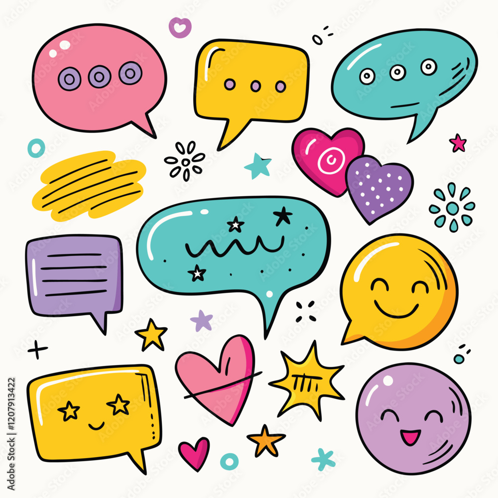A cheerful collection of colorful speech bubbles, stars, hearts, and cute faces with vibrant, playful designs. A cheerful collection of colorful speech bubbles, stars, hearts, and cute faces with vibrant, playful designs.