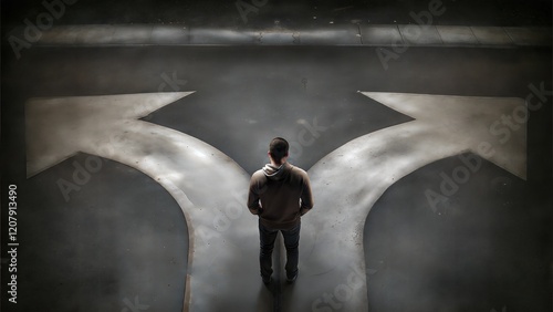 Man standing at a crossroads contemplating two directions on dark background