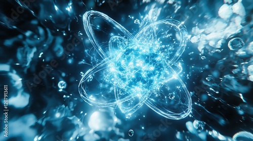 Glowing blue atom with dynamic electrons orbiting around a radiant nucleus, symbolizing energy and scientific innovation. Perfect for technology, physics, and futuristic wallpaper themes. photo