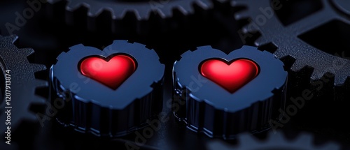 Two colorful hearts integrated with gears, symbolizing love and connection in a mechanical world.