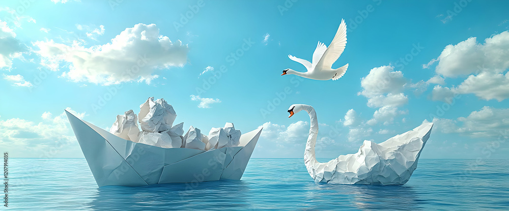 Surreal Scene of Origami Swans Sailing on a Calm Ocean Under a Blue Sky with Fluffy Clouds Surreal Scene of Origami Swans Sailing on a Calm Ocean Under a Blue Sky with Fluffy Clouds