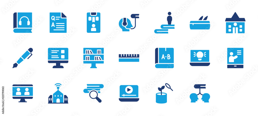 Set of Education and Learning icon. Quiz, Campus, Pen, Monitor, Library, Ruler, Book, Innovation, Video Lecture, School, Research, Play Video, Growth, Mind, Reading, Smartphone vector illustration. Set of Education and Learning icon. Quiz, Campus, Pen, Monitor, Library, Ruler, Book, Innovation, Video Lecture, School, Research, Play Video, Growth, Mind, Reading, Smartphone vector illustration.