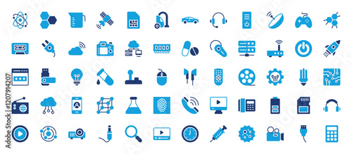 Set of Biology Technology icon. Research, Cpu Tower, Wall Clock, Connection, Flask, Finger Print, Phone Call , Video Player, Telephone, Battery Status, Sd Card, Headphone, Video vector illustration. 