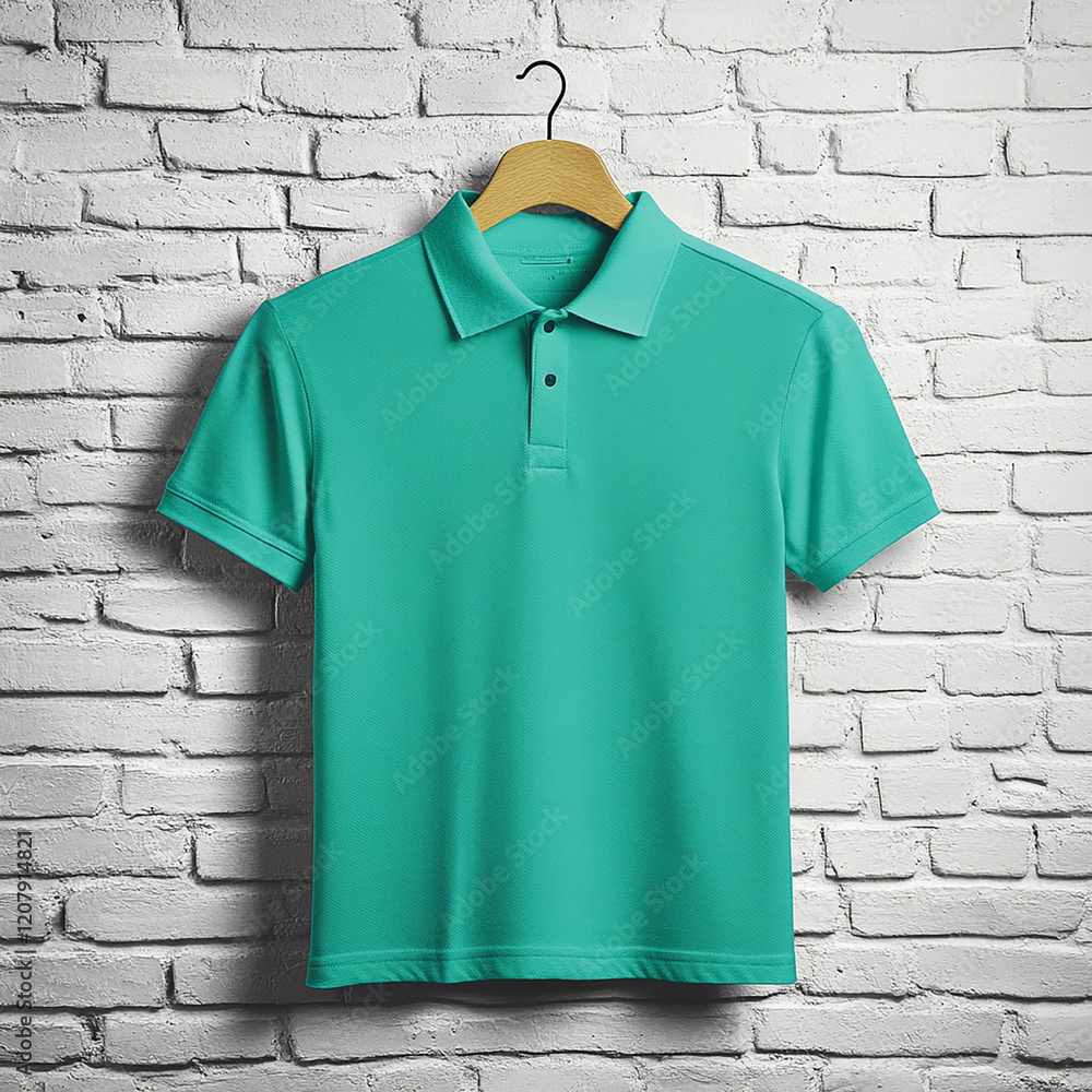 A teal shirt hanging on a hanger with a plant in the background A teal shirt hanging on a hanger with a plant in the background