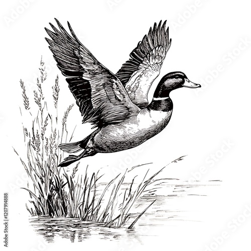 Wallpaper Mural Black and white drawing of a mallard duck taking flight over water and reeds. Torontodigital.ca