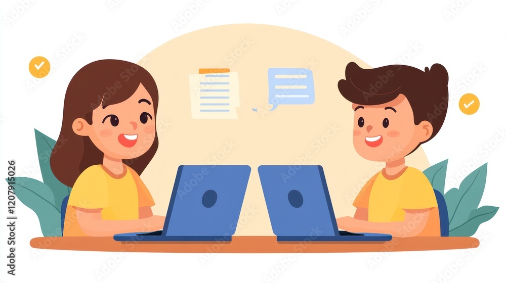Happy children collaborating on laptops for online learning Happy children collaborating on laptops for online learning