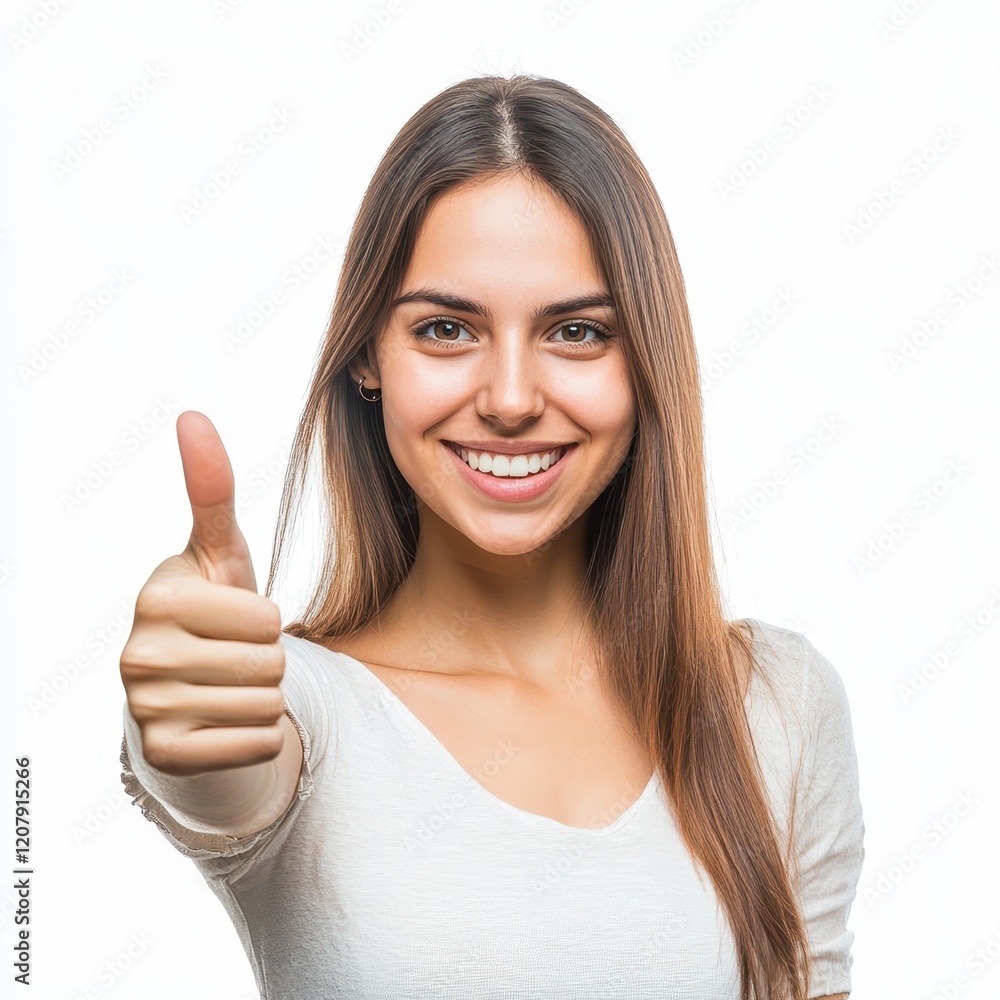 Portrait of a smiling woman pointing and giving a thumbs up, isolated on white background Portrait of a smiling woman pointing and giving a thumbs up, isolated on white background