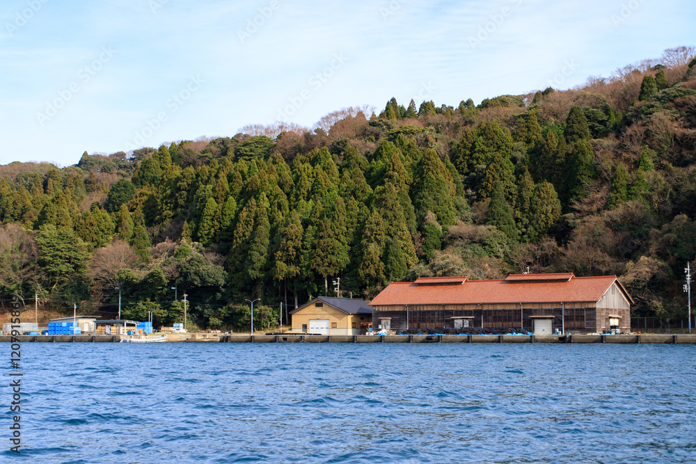 Naklejka premium Rural Japanese Waterfront with Traditional Buildings and Forest, Ine, Kyoto, Japan
