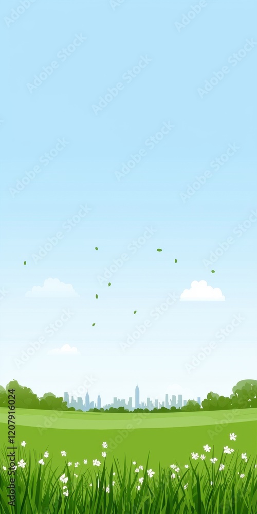 Fototapeta premium A serene landscape featuring green grass, white flowers, and a clear blue sky, with a distant city skyline under a bright day.