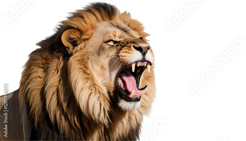 a lion roaring ferociously on a white background. His jaw opened wide,
 photo