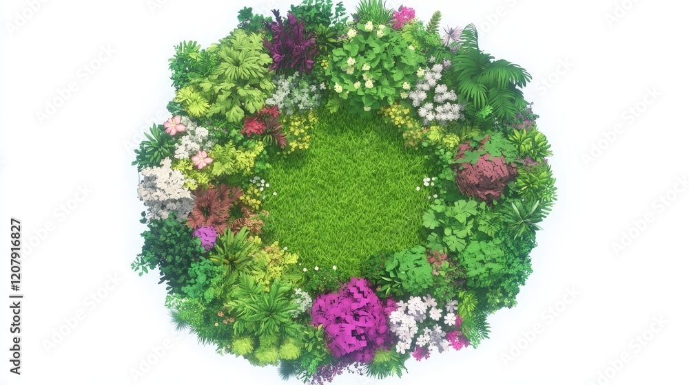 Lush Circular Garden with Green Center, Blooming Flowers Lush Circular Garden with Green Center, Blooming Flowers