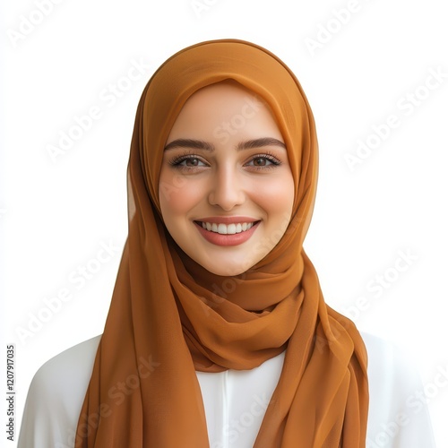Portrait of a smiling, beautiful Muslim female model wearing a hijab, isolated on white background