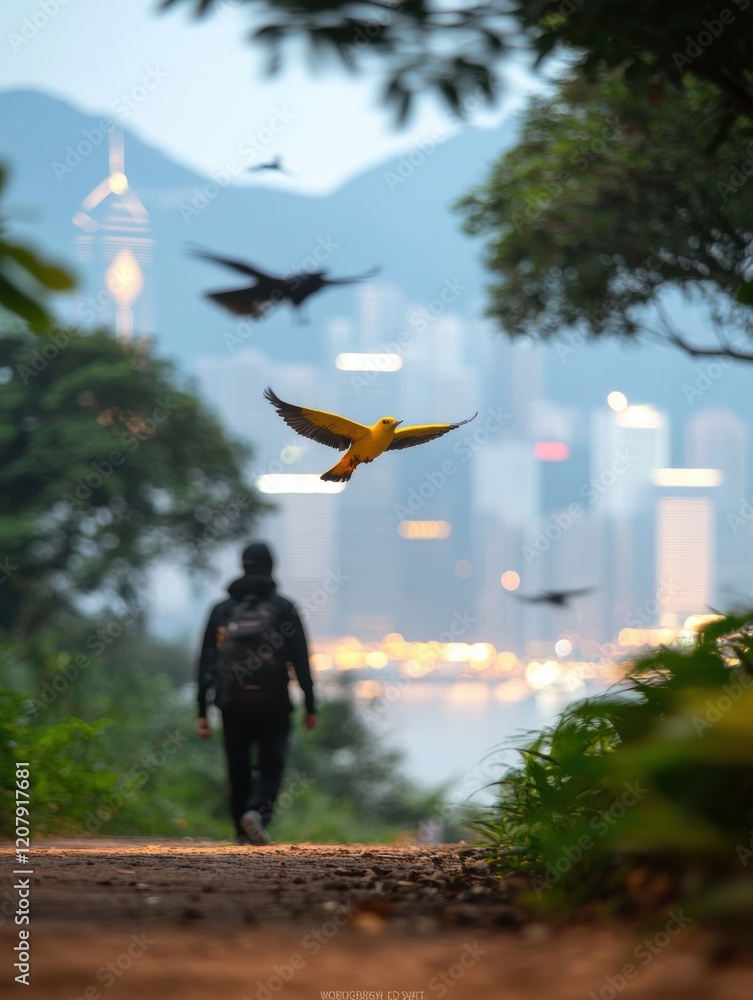 A serene landscape showing a person walking along a path, surrounded by nature, with birds flying overhead and a distant city skyline. A serene landscape showing a person walking along a path, surrounded by nature, with birds flying overhead and a distant city skyline.