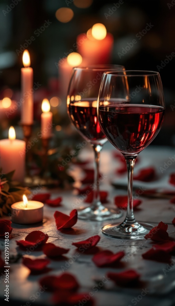 Romantic candlelit table with red wine and rose petals Romantic candlelit table with red wine and rose petals