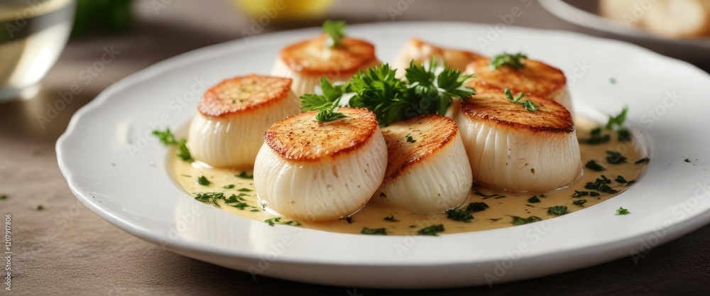 Baked scallops with creamy cheesy sauce and fresh parsley garnish in a white porcelain plate , dinner, rich, savory Baked scallops with creamy cheesy sauce and fresh parsley garnish in a white porcelain plate , dinner, rich, savory