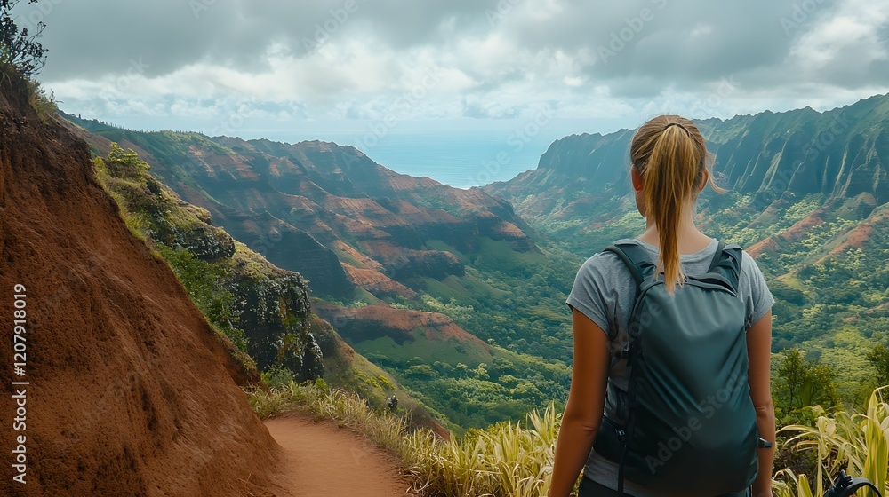 Naklejka premium Woman Pausing on Mountain Trail While Hiking and Taking in View