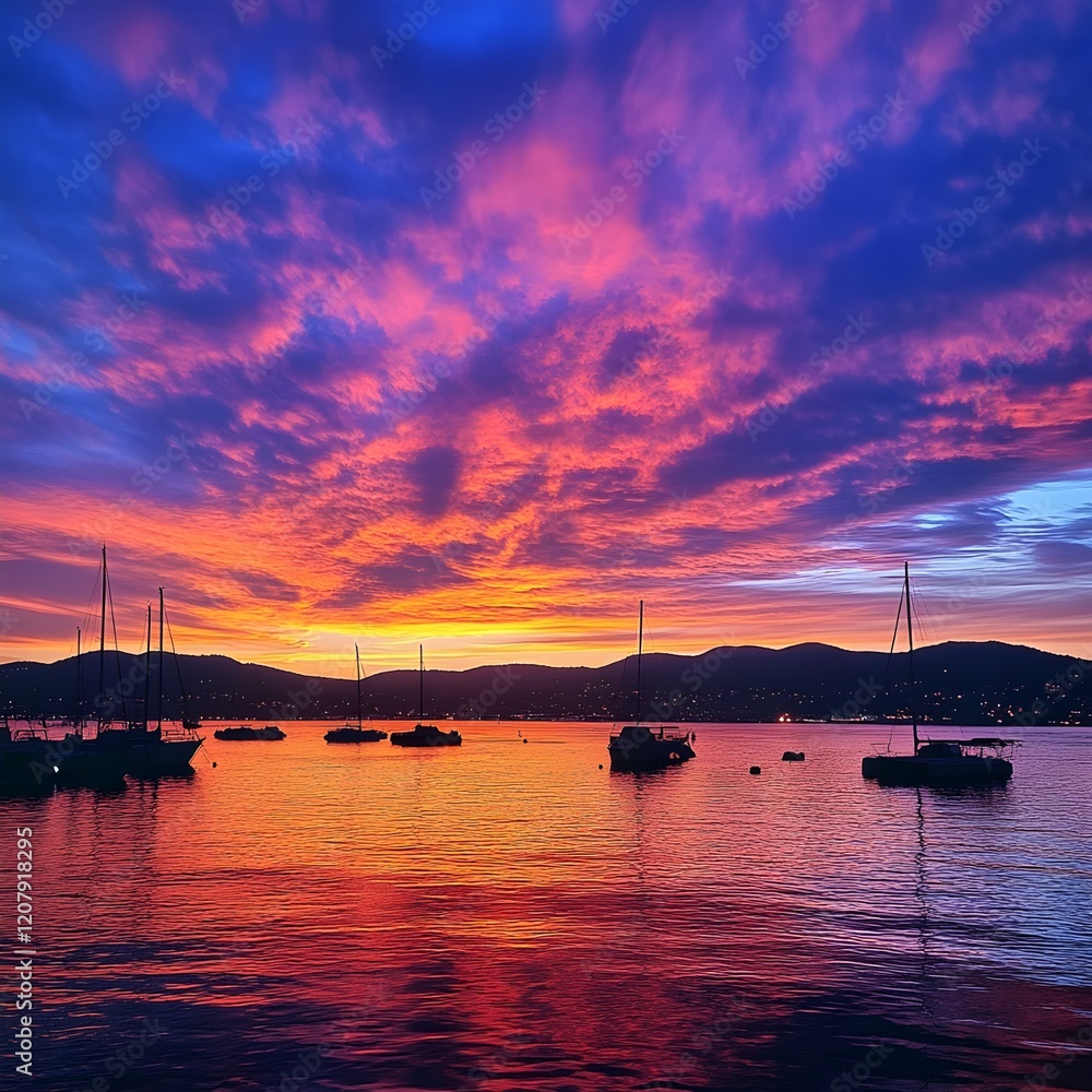 Breathtaking Sunset Over Ajaccio Bay with Silhouette of Boats Breathtaking Sunset Over Ajaccio Bay with Silhouette of Boats