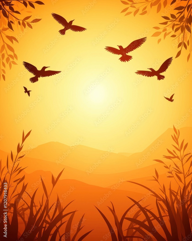 Obraz premium A tranquil sunset scene featuring silhouettes of birds flying against an orange backdrop, framed by grass and distant mountains.