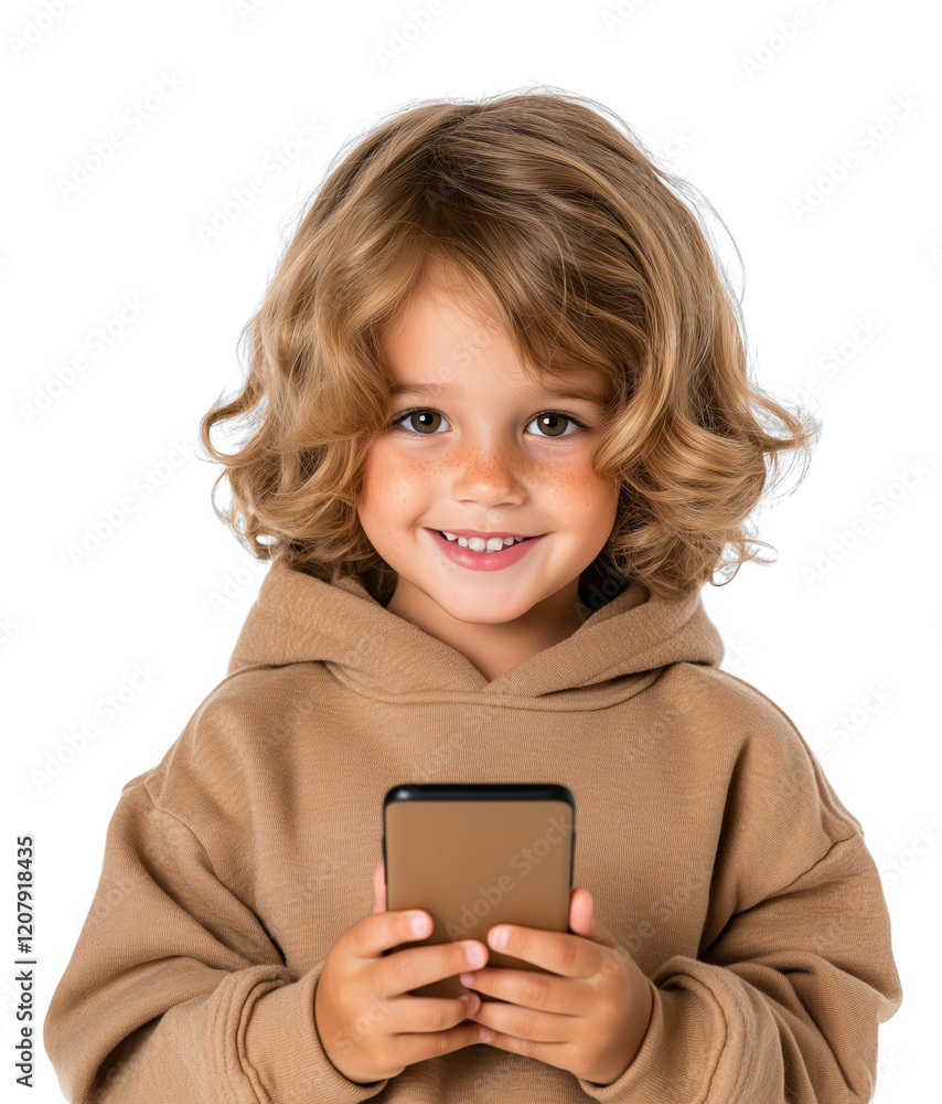 Cute child with curly hair holding smartphone while smiling and looking cheerful in a cozy setting Cute child with curly hair holding smartphone while smiling and looking cheerful in a cozy setting