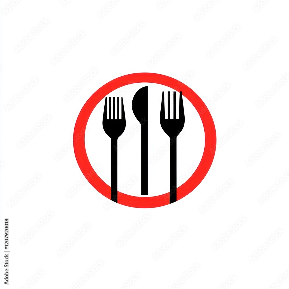 Eating utensils inside a red circle, centered, for a menu or restaurant concept Eating utensils inside a red circle, centered, for a menu or restaurant concept