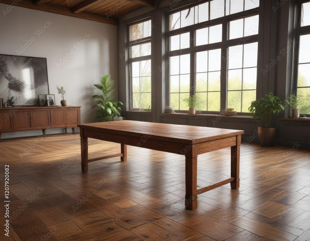 An empty wooden desk sits alone in the center of a large room, quietude, silence, emptiness An empty wooden desk sits alone in the center of a large room, quietude, silence, emptiness