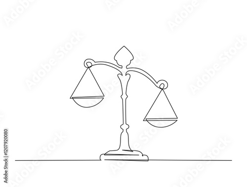 Continuous one line drawing of judicial scales or law scales. Libra symbol in single outline vector illustration. Editable stroke.
