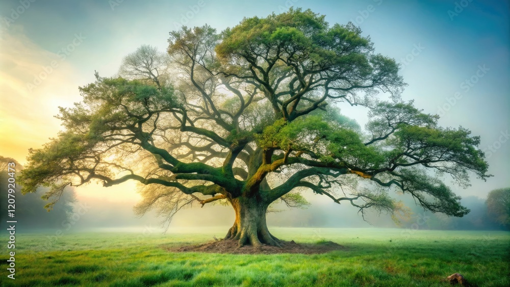 Obraz premium Ancient oak tree with gnarled branches and twisted trunk stands alone in a misty meadow, twisted, oak tree, tree, misty